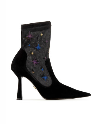 МОСТРА No37 - BOOT ANNA 95 BLACK SUEDE AND STAR EMBROIDERY