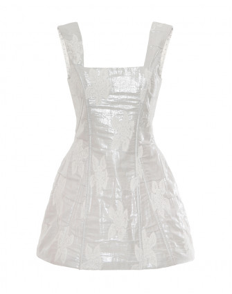Къса рокля-корсет в сребрист цвят с метализиран ефект и принт