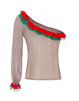 Шифонена блуза с един ръкав и цветни волани