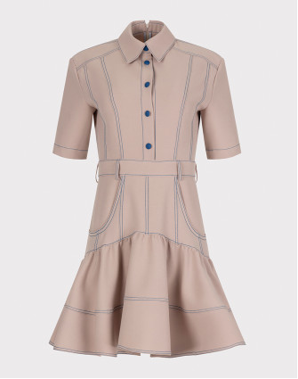 Къса рокля с асиметричен волан пудра