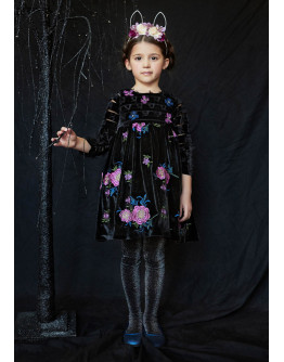 Черна раирана кадифена рокля с флорална бродерия и кристали Swarovski