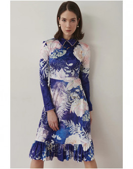 Мастилено синя рокля от плюш с принт на цветя