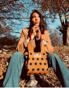 Чанта CARAMEL BROWN & NAVY BLUE DOTS