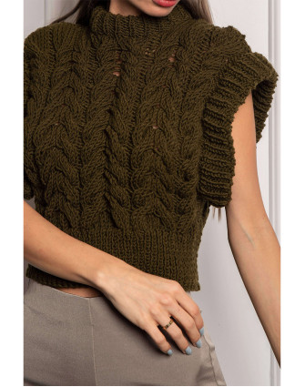 Ръчно плетен пуловер от кашмир без ръкави в тъмнозелено