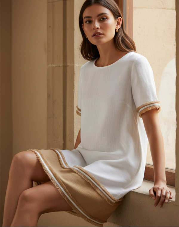 Ленена рокля WHITE AND CARAMEL