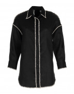 Риза черен лен с наплетена бродерия